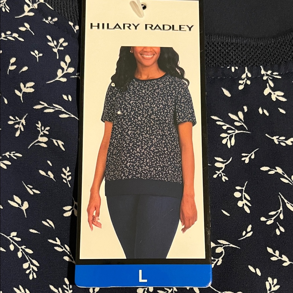 Hilary Radley Dark Navy Combo  Leaf Print Short Sleeve Top Size L